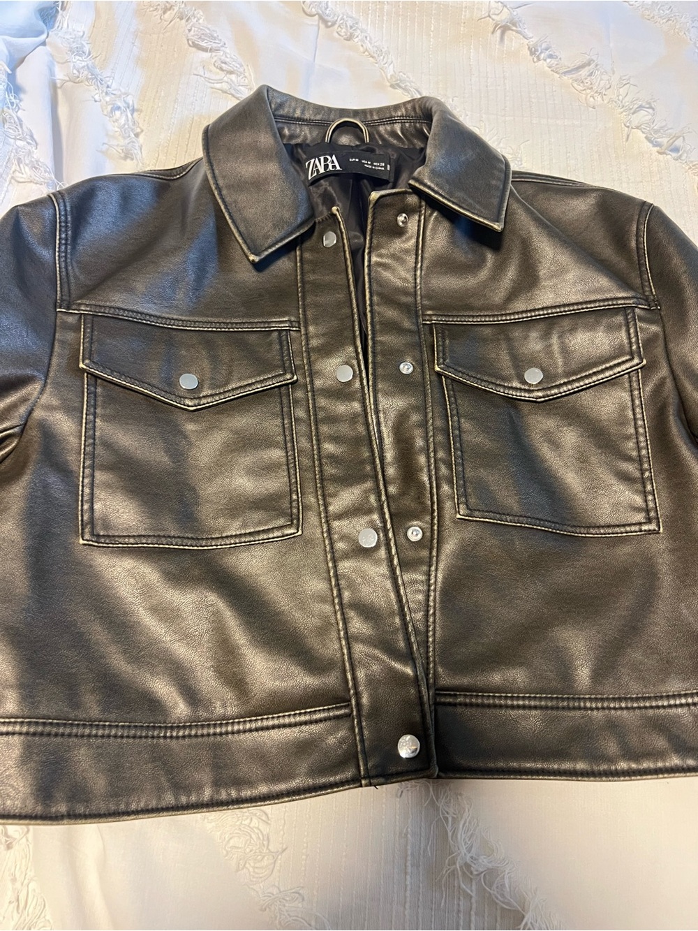 Zara Black Faux Leather Cropped Trucker Jacket